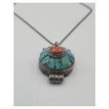 Sterling Silver Turquoise Coral Ethnic Pendant On