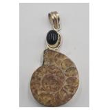 Ammonite & Onyx  Sterling Silver Pendant