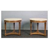 2x Bid Travertine Marble & Walnut Round Sidetables