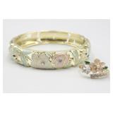 Enameled Clamper Bracelet And Floral Ring Sz 7.5