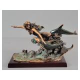 Resin Mermaid & Dolphin Sculpture On Wood Base