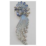 Blue White Enameled Porcelain Look Peacock Brooch