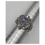Poison Locket Ring With Purple Glass Stone Sz 8