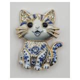 Blue White Enameled Porcelain Look Cat Brooch Pin
