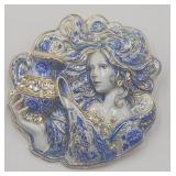 Blue White Enamel Porcelain Look Lady Brooch Pin