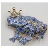 Blue White Enameled Porcelain Look Crowned Frog