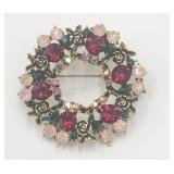 Beautiful Pink Red And Green Wreath Brooch Pin .