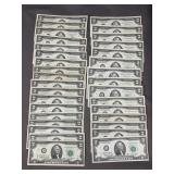 Lot Of 33 $2 Notes 1976 Many Sequential