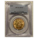 1881 $10 Liberty Head Gold Pcgs Ms61