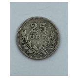 WWI  SWEDEN 25 ORE 1914 OLD SILVER COIN - VF