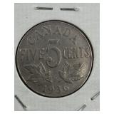 CANADA 1936 5 CENT (100% NICKEL) VF AMAZING