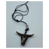 LARGE BULL HEAD NECKLACE ON CORD - WESTERN /