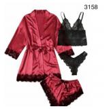 Sz M 4pcs Set Womens Satin Pajama Floral Lace Sz M 4pcs Set Womens Satin Pajama Floral Lace
