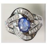 STERLING SILVER SAPPHIRE & CUBIC ZIRCONIA RING