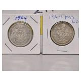 Two 1964 Canadian Silver 50 Cent Coins