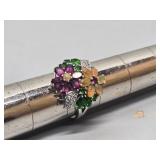 Sterling Silver Multi-stone Floral Ring