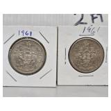 Two 1961 Canadian Silver Coins