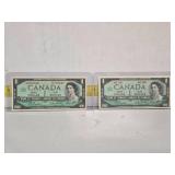 1954 Canada $1 Banknotes, 2 Consecutive