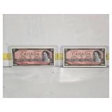 2 Canadian $2 Banknotes, 1954 Series