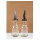 PAIR OF HUFFMAN GLASS QT MOTOR OIL BOTTLES W/SPOUT