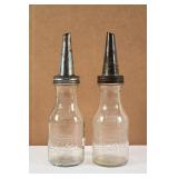 PAIR OF HUFFMAN GLASS QT MOTOR OIL BOTTLES W/SPOUT