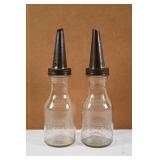 PAIR OF HUFFMAN GLASS QT MOTOR OIL BOTTLES W/SPOUT