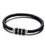 Thin Black Braided Genuine Leather Bangle Bracelet