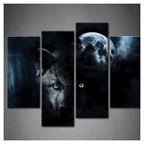 4 Panel Wall Art Black Wolf and Full Moon Painting