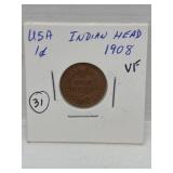 1908 USA ' Indian Head ' One Cent Coin Vf