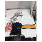 tray, driving gloves, luggage tags, dog leash,