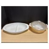 Pyrex Split Dish, Fire King Peach Lustre Covered