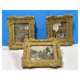 3 Small Art Prints in Ornate Gold Frames