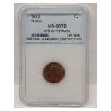 Certified 1953 Canadian One Cent MS66 Red without