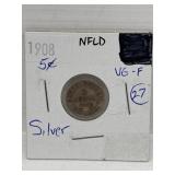 1908 NFLD Silver 5 Cent Coin Vg-F
