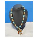 Turquoise & Brass Signed Pendant Necklace