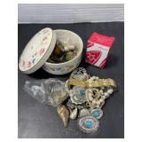 Ceramic Covered Dish with Pins, Necklaces,