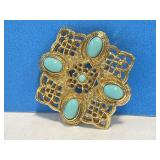 Small Square Goldtone Metal Brooch with 5 Blue