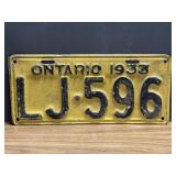 Ontario 1933 LJ 596 License Plate