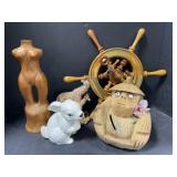 Home Decor - Coconut Monkey, Wooden Ship Wheel,