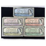 1954 Canadian Banknotes - $1, $2, $5, $10, $20
