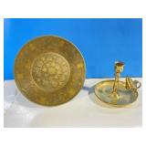 Brass Pedestal Bowl And Brass Candle Holder