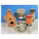 Clay Birdhouse, Candy Tin, Denby Vase, Candle