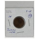 1894 USA ' Indian Head ' One Cent Coin F-Vf