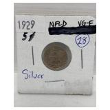 1929 Nfld Silver 5 Cent Coin Vg-f