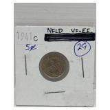 1941c NFLD Silver 5 Cent Coin Vf-Xf