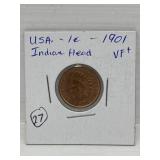 1901 USA ' Indian Head ' One Cent coin Vf+