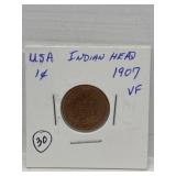 1907 USA ' Indian Head ' One Cent Coin Vf