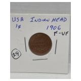 1906 USA ' Indian Head ' One Cent Coin F-Vf