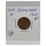 1904 USA ' Indian Head ' One Cent Coin F+