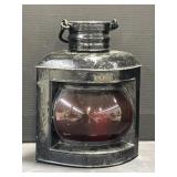 Vintage Black Metal ' Port ' Lantern with Ruby
